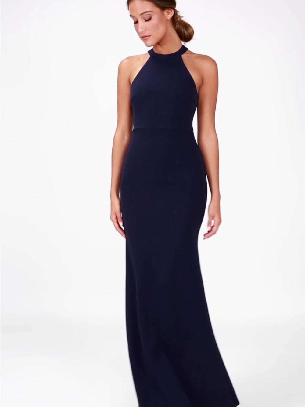 Navy Blue Open Back Formal Halter Dress